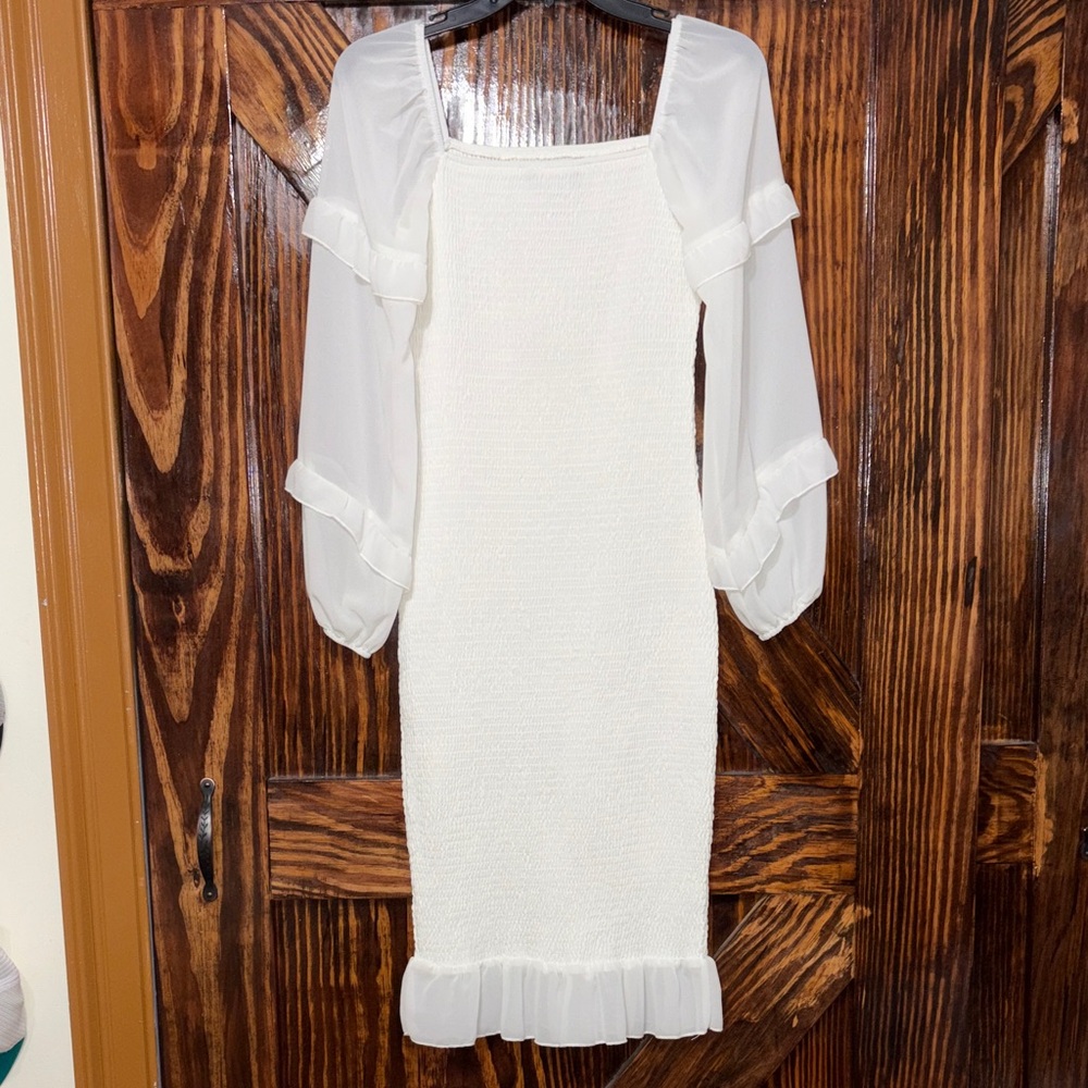 Elegant White Long Sleeve Ruffle Hem Dress